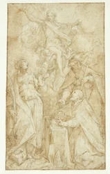 Christ in the Clouds, Carried by Angels, Appears to a Bishop at a Lectern, a Bishop Saint (St. Augustine?) and Catherine of Alexandria