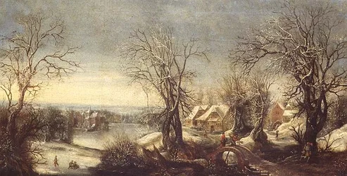 An extensive wooded landscape in winter with skaters on a frozen waterway, a pilgrim and shrine beyond