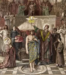 Saint Remigius baptizes Clovis in Reims - The baptism of the King of the Franks Clovis I (466-511) in Reims by the Bishop Saint Remi on 25/12/496 (or 499) - engraving after the painting by Desire Francois Laugee