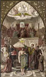 Saint Remigius baptizes Clovis in Reims - engraving after the painting by Desire Francois Laugee