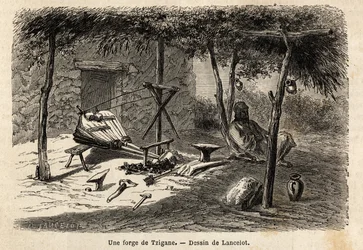 A gypsy forge in the region of Walachia, Romania. Engraving to illustrate the voyage from Paris to Bucharest, by Lancelot, draftsman, in 1860, published in 