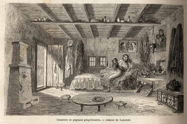 A house of owner peasants, in the vicinity of Orezu (Walachia region, Romania). Engraving to illustrate the voyage from Paris to Bucharest, by Lancelot, draftsman, in 1860, published in Le tour du monde, nouveau journal des voyages, under the direction of 