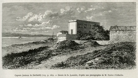 The house of Giuseppe Garibaldi (1807-1882) at La Caprera (Sardinia), engraved after a drawing by D.Lancelot, to illustrate the story of Syria today, by Mr.Lortet, dean of the Faculty of Medicine of Lyon, charged with a scientific mission by the Ministry o