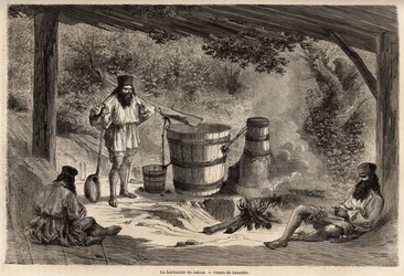 The manufacture of rakiou, cereal alcohol, sort of schnapps very common in Romania. Engraving to illustrate the voyage from Paris to Bucharest, by Lancelot, draftsman, in 1860, published in Le tour du monde, nouveau journal des voyages, under the direction