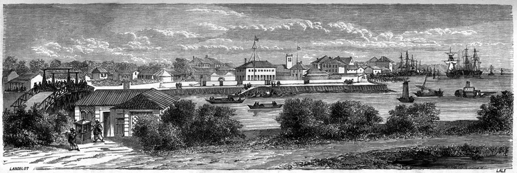 View of the United States concession on the Huangpu River in Shanghai in 1860, China. Engraving by Lancelot, in 