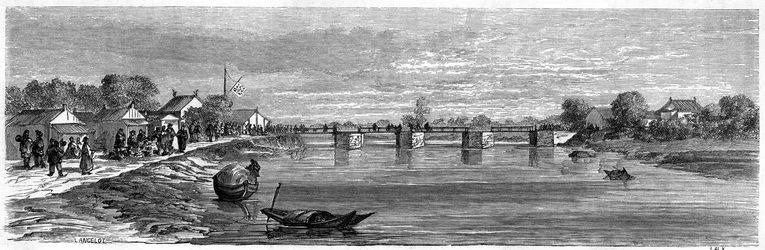 View of the bridge over the Suzhou River near Shanghai in 1860, China. Engraving by Lancelot, in Le Tour du Monde, Nouveau journal des Voyages, edited by Edouard Charton, Paris