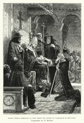 Peter the Hermit delivering letters from the Patriarch of Jerusalem to Pope Urban