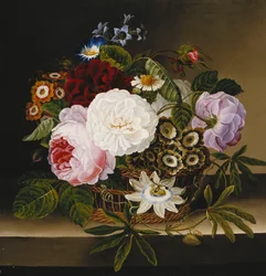 Roses and Other Flowers in a Basket on a Ledge