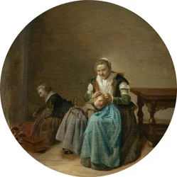 Mother Taking Care of a Child in an Interior, with Another Child by the Fireplace