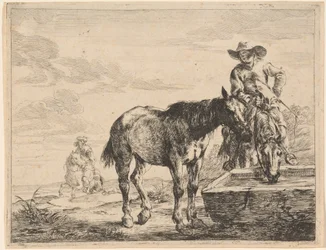 Two Horses Drinking at a Trough