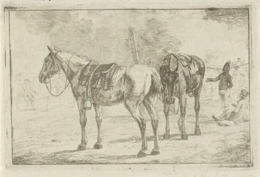 Two Saddled Horses by a Military Camp