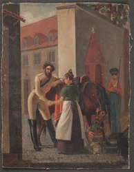 Street Scene. A Cavalryman Bidding Farewell to a Girl