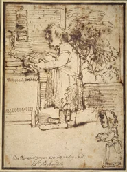 Caricature of the Aldobrandini theologian, with a female dwarf holding her dog