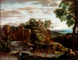 Landscape with Flight into Egypt. Painting by Domenico Zampieri dit Il Domenichino