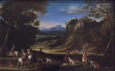 Wooded Landscape with Hunting Scene