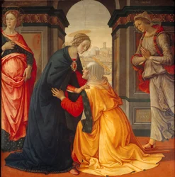 Visitation: Virgin Mary visits Elisabeth, between Mary Jacobe and Mary Salome, witnesses of the Crucifixion and Resurrection, 1491