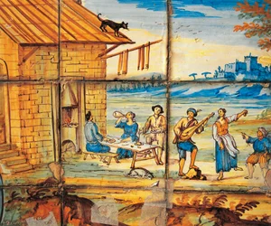 Detail of majolica decoration of Cloister of Poor Clares