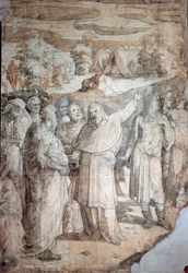 History of Moses on Mount Sinai: Hebrews await the return of Moses. Preparatory drawing for the pavement of Siena Cathedral. Artist