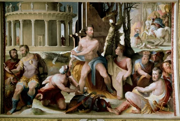 The Sacrifice of Codros, King of Athens. In the war against the Dorians, the last legendary king of Athens Codros died after learning from an oracle that victory would come to the people whose leader would be killed. Fresco by Domenico di Giacomo di Pace d