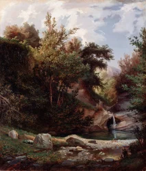 Landscape of Nature, Undergrowth and Stream with Waterfall
