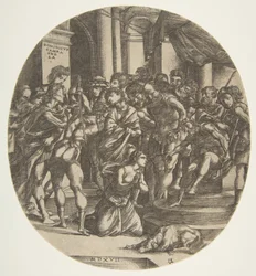 Female Figure Saint Catherine Kneeling on the Ground at Center Pleading to a Male Figure, 1517