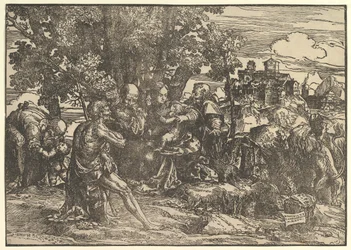 Mary Seated Beneath Trees with Baby, Flanked by Joseph at Left and St. Jerome at Right