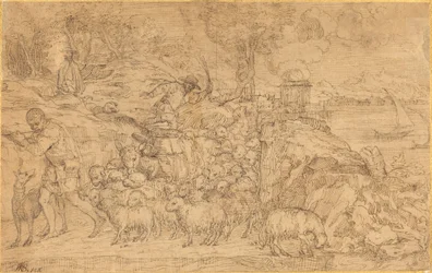 Shepherd Playing a Flute and Leading His Flock