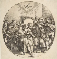 The Holy Spirit as a bird descending with spread wings at top center, the twelve Apostles, 1518