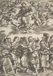 The Virgin at top center in clouds with clasped hands and right foot raised, surrounded by angels