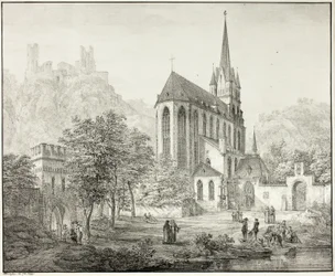 Collegiate Church of Our Lady, with Castle Schoenberg at Oberwesel on the Rhine