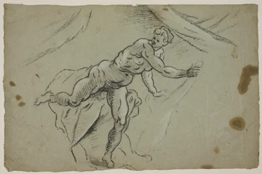 Nude Woman with a Piece of Cloth in Her Hands Hastily Leaving a Tent
