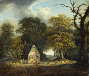 A Wooded Landscape with a Drover and Cattle by a Cottage