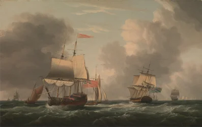 An English Two-Decker Lying Hove to, with Other Ships and Vessels in a Fresh Breeze