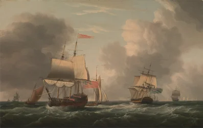 An English Two-Decker Lying Hove to, with Other Ships and Vessels in a Fresh Breeze
