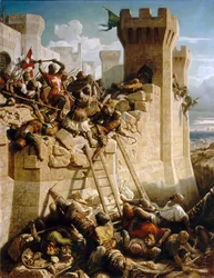 Guillaume de Clermont defending the walls at the Siege of Acre, 1291