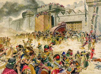 Samaria, fortress city of Israel, falling to the Assyrians
