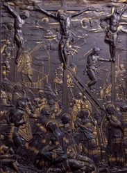 Crucifixion of Christ, by Donatello, damascened bronze relief, Italy