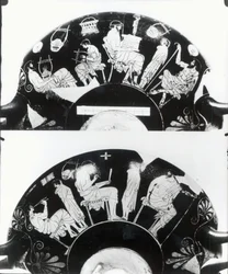 Two views of an attic red-figure cup depicting a school scene