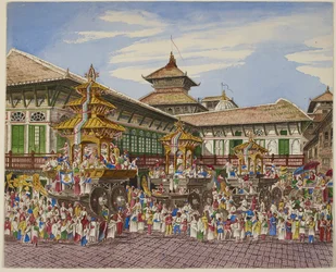 The Kumari Jatra. Three Temple Cars outside the Hanuman Dhoka, Kathmandu