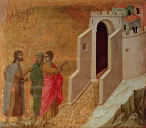 Christ and pilgrims at the gates of the city of Emmaus