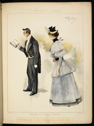 Two characters. A man reading a book and a lady