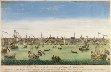 A General View of the Port and Town of Amsterdam, engraving by D.G. Hucquier, 16th century