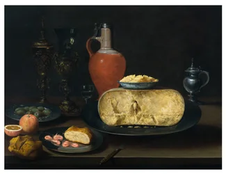 A Still Life with Cheese, Butter, Bread, Prawns, Oranges, Olives and Wine on a Table