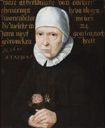 A portrait of a lady in a black and white cap holding a nosegay