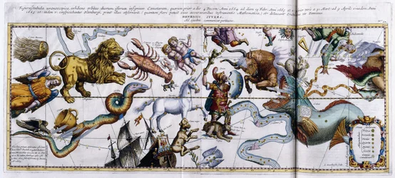 Celestial map of the constellations: Orion, Taurus, Aries, Pisces etc