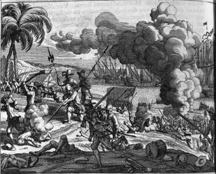 Colonization: the Dutch fleets chasing Portuguese from Ceylon in 1658. Dutch print from Afgoderye de oost-indische heydenen by Philippus Baldaeus