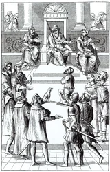 Confession for Amends Before the Tribunal, after a Woodcut in Praxis Rerum Criminalium by Joos de Damhouder (1507-81) Published Antwerp, 1556