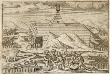 Crew killing and skinning bears, outside the cabin in which the expedition wintered, illustration from 