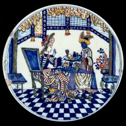 Delft porcelain plate depicting a woman at a table being served by her Black servant. 1705, Sèvres, National Museum of Ceramics