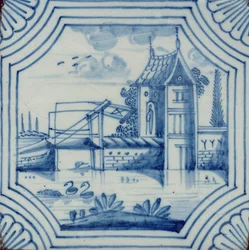 Delft tile showing a drawbridge over a canal
